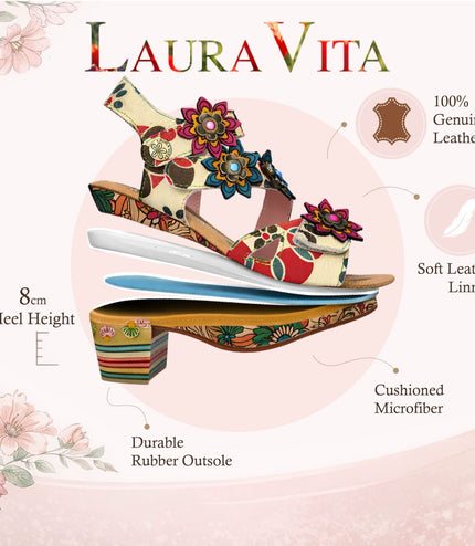 Laura Vita Women's Nellao 33 Beige Floral Leather Wedge Heel Espadrille Sandals