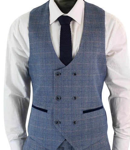 Mens 3 Piece Blue Grey Herringbone Check Suit