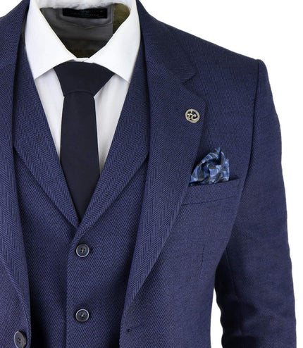 Mens Navy Blue 3 Piece Tweed Herringbone Suit Peaky Blinders Classic Tailored