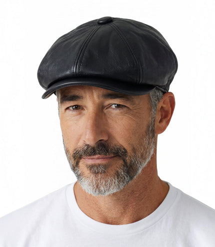 Men's Black Faux Leather Vintage 8-Panel Gatsby Baker Boy Hat - MHT-1