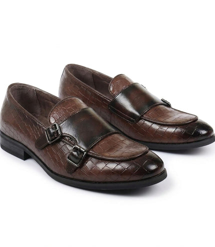 Men's Brown Vegan Leather Double Monk Strap Loafer Shoes