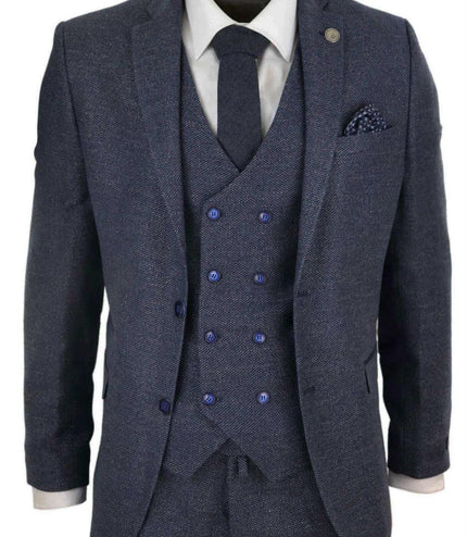 Mens Blue Wool 3 Piece Suit Double Breasted Waistcoat Tweed Peaky Blinders 1920s