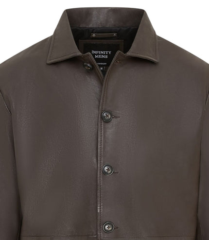 Men's Brown Leather Long Collared Car Coat Jacket - Berry