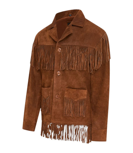 Men's Retro Tan Cowboy Suede Leather Fringe Jacket - Western