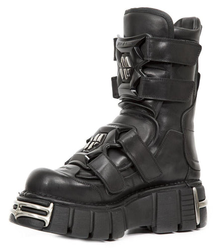 New Rock Punk Mid Calf Black Leather Boots-M-422-S1
