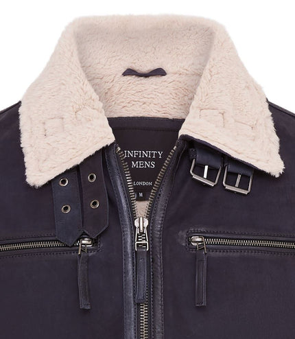 Mens Real Sheep Suede Bomber Jacket Aviator Jacket with Fur Lining - Blue