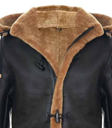 Mens Winter Sheepskin Hooded Duffle Coat-Helsinki - Brown Ginger