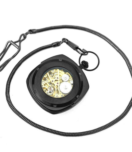 Mechanical Black Blue Vintage Skeleton Square Open-Face Pocket Watch