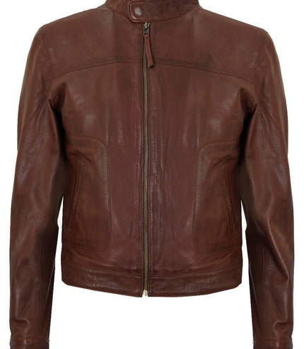 Men's Classic Fitted Leather Biker Jacket-Austin - Brown