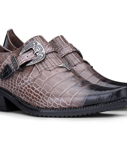 Men's Brown Croc Leather Winklepicker Cuban Biker Boots