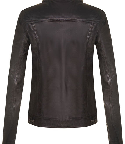 Womens Leather Trucker Jeans Jacket-Anderlecht - Black