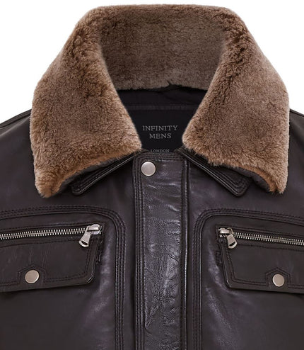 Mens Leather Jacket Trucker Removable Sheepskin Collar Casual Jacket - Black