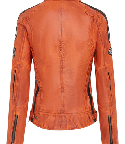 Womens Biker Racing Badges Leather Jacket-Eastleigh - Orange