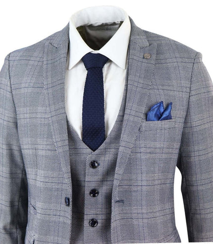 Mens 3 Piece Grey Birdseye Check Classic Suit
