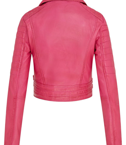 Womens Cropped Brando Leather Biker Jacket-Damascus - Fuschia