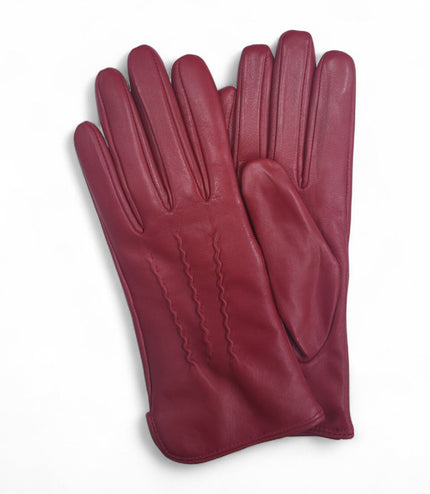 Womens Red Italian Leather Winter Stitch Line Design Soft Wool Lining Gloves - L-GLV-301