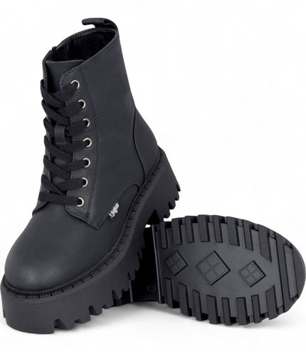 Buffalo Womens Black Chunky Platform Warm High Ankle Combat Boots - ASPEN-LACE-UP
