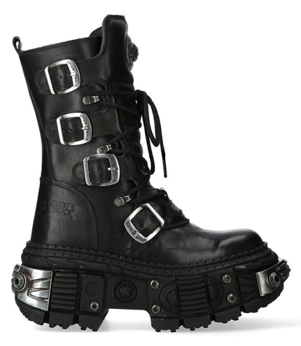 New Rock Black Mid Calf Leather Goth Boots-WALL1473-S11