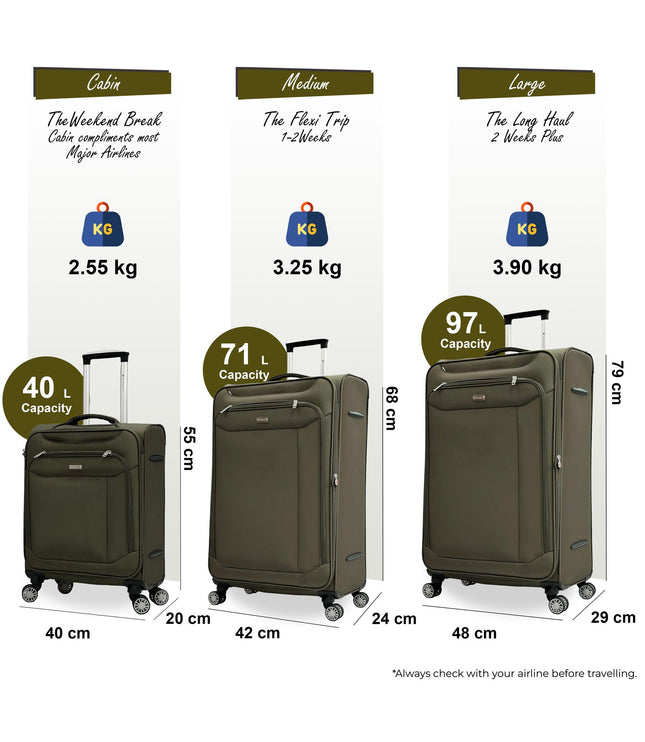 Cockermouth Set of 3 Soft Shell Suitcase in Khaki