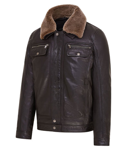 Mens Leather Jacket Trucker Removable Sheepskin Collar Casual Jacket - Black