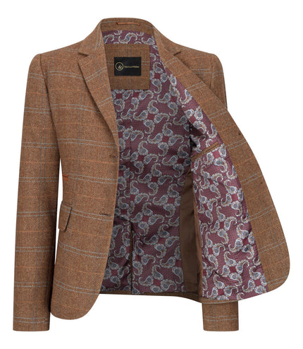 Women's Oak Brown Tailored Fit Tweed Blazer in Herringbone Check