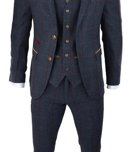 Mens Herringbone Tweed Suit 3 Piece Navy Blue Peaky Blinders 1920s Tailored Fit