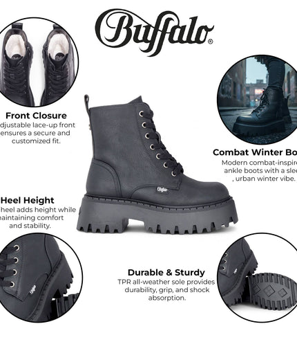 Buffalo Womens Black Chunky Platform Warm High Ankle Combat Boots - ASPEN-LACE-UP