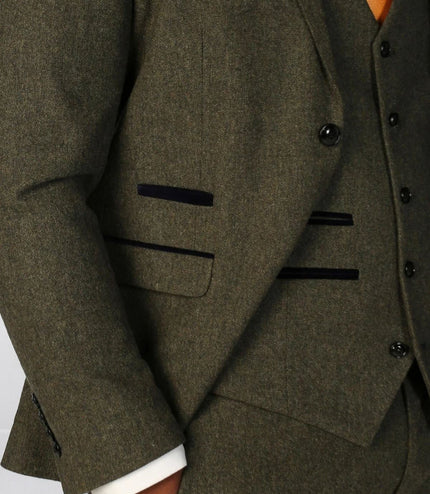Men's Olive Green Wool Blend Tweed Formal Suit