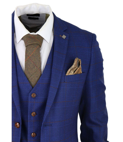 Mens Blue Brown Check 3 Piece Tailored Fit Suit