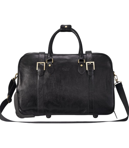 Genuine Leather Black Wheeled Holdall Duffle Travel Cabin Bag - Holt