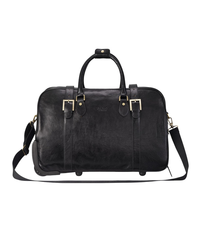 Genuine Leather Black Wheeled Holdall Duffle Travel Cabin Bag - Holt