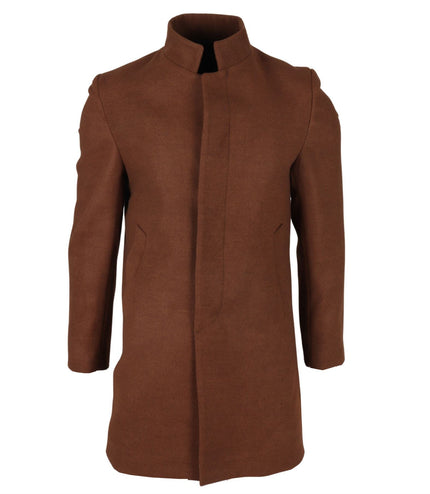 Men's Brown Stand Collar Wool Blend Overcoat