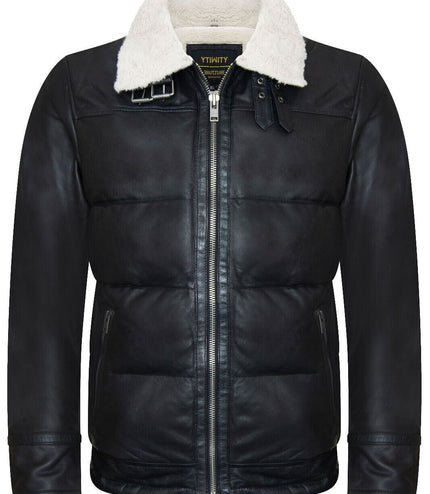 Men's Leather Quilted Biker Puffer Jacket - BrasÃ­lia - Black