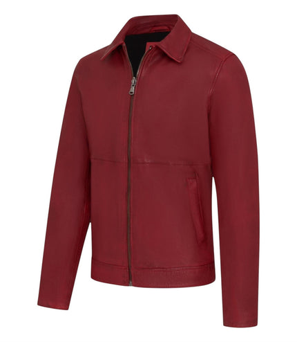 Mens Leather Red Harrington Collar Biker Jacket - Alpha