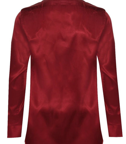 Mens Wine Satin Silk Shirt Smart Casual Button Down Cuff Tailored Fit