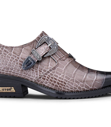 Men's Brown Croc Leather Winklepicker Cuban Biker Boots