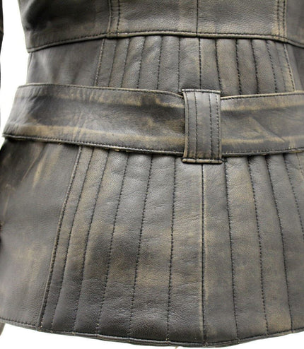 Womens Long Leather Biker Jacket-Quito - Vintage Black