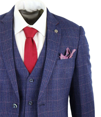Mens 3 Piece Blue Herringbone Check Vintage Classic Suit