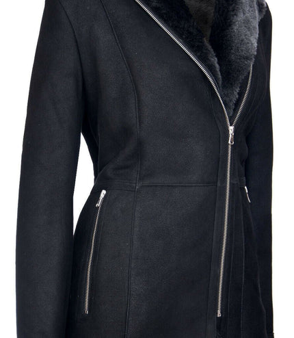 Womens Black Hooded Merino Sheepskin Jacket-Mandalay