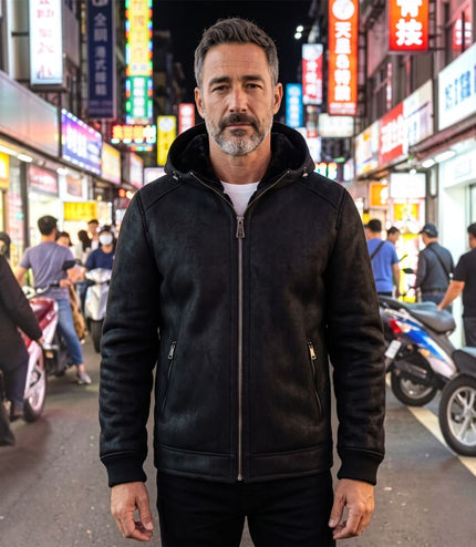 Mens Black Sheepksin Hooded Shearling Bomber Jacket - Benalla