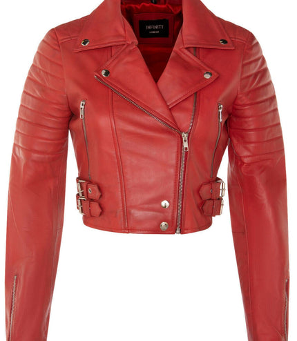 Womens Cropped Brando Leather Biker Jacket-Damascus - Red