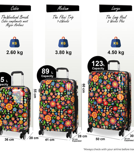 Ballina Set of 3 Hard Shell Suitcase in Black Flower