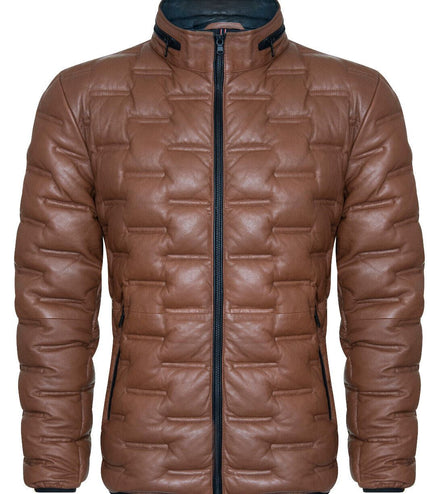 Men's Puffer Quilted Bomber Leather Jacket - Recife - Tan