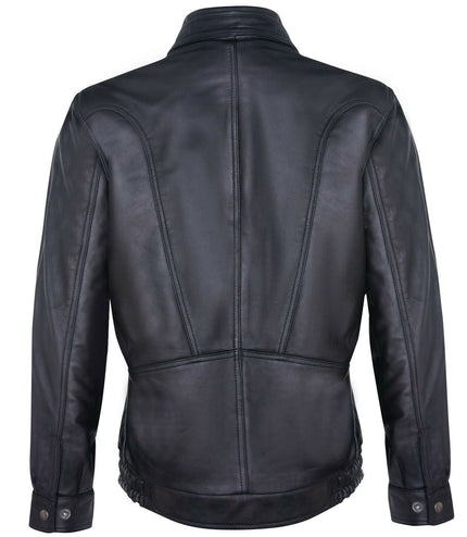 Mens Classic Harrington Bomber Leather Jacket-Minsk - Black