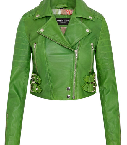 Womens Cropped Brando Leather Biker Jacket-Damascus - Apple