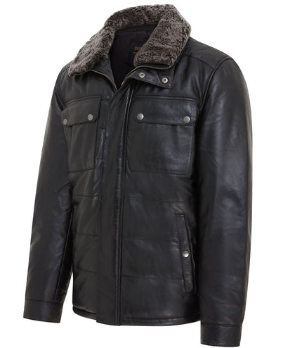 Men's Lamb Leather Puffer Bomber Warm Biker Jacket - Black