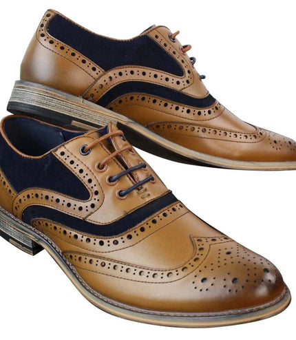 Mens Classic Navy Suede Oxford Brogue Shoes in Tan Leather