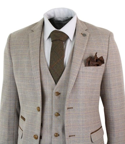 Mens 3 Piece Beige Tweed Check Vintage Retro Suit