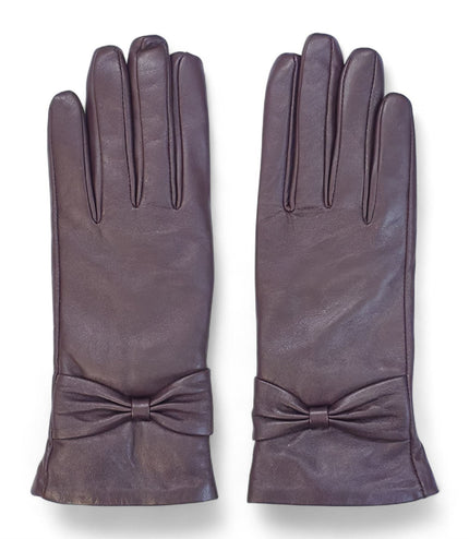 Womens Purple Italian Leather Winter Bow Design Soft Wool Lining Gloves - L-GLV-401