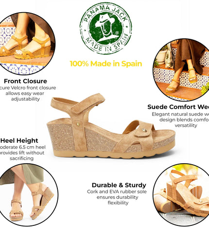 Panama Jack Women's Wedge Bark Brown Suede Leather Sandals - Julia B74
